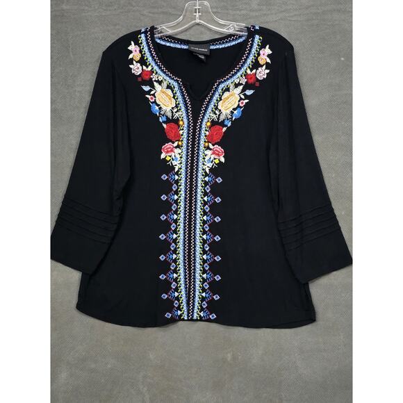 LIV Los Angeles Large Black Floral Embroidered Boho Casual Top Johnny Was - Picture 3 of 8
